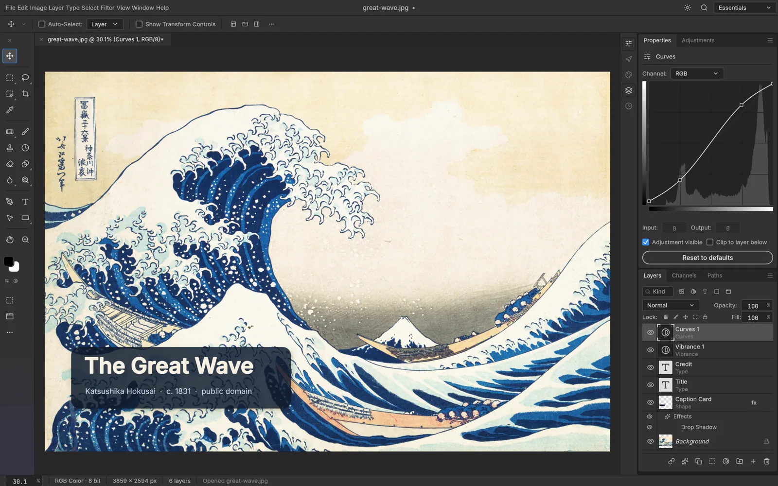 Official PhotoCraft screenshot showing The Great Wave with layers and curves