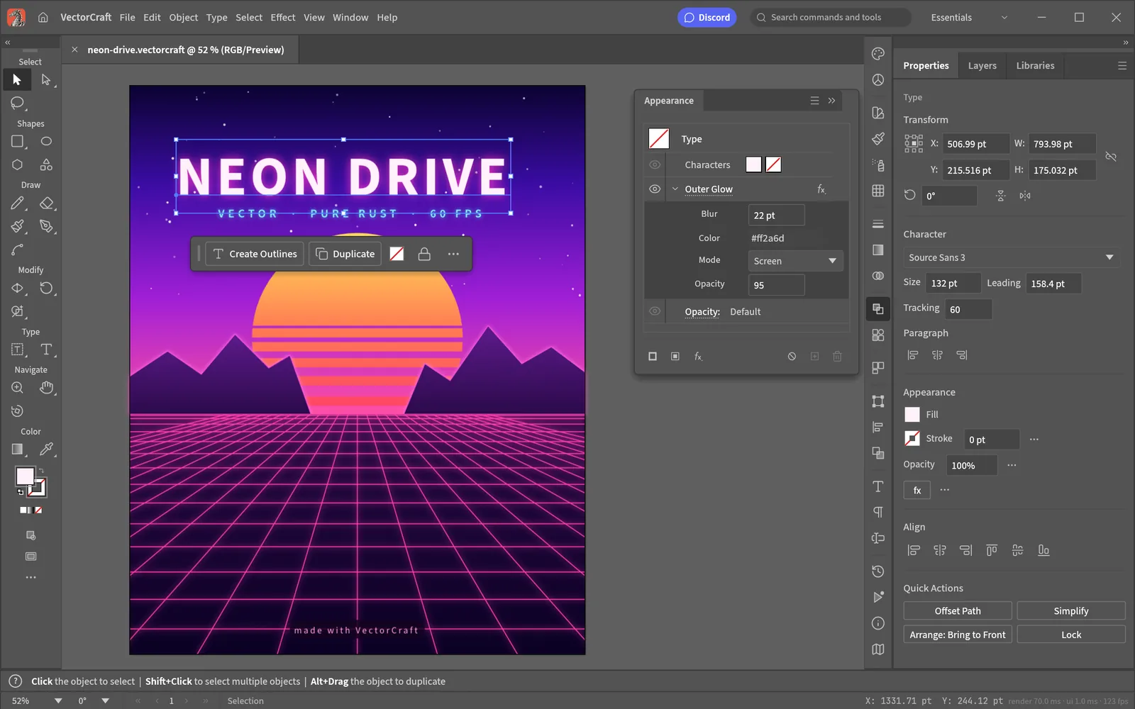 Official VectorCraft screenshot showing a poster and vector editing panels